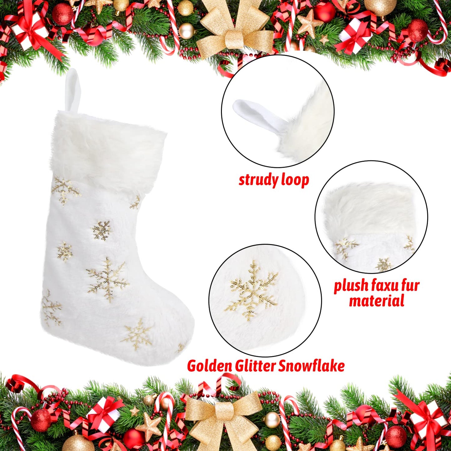 CCINEE 4PCS White Christmas Stockings,18 Inch Large Plush Faux Fur Xmas Stocking with Golden Snowflake Sequin Glitter Snowflake Hanging Stocking for Christmas Tree Wall Fireplace Home Decoration