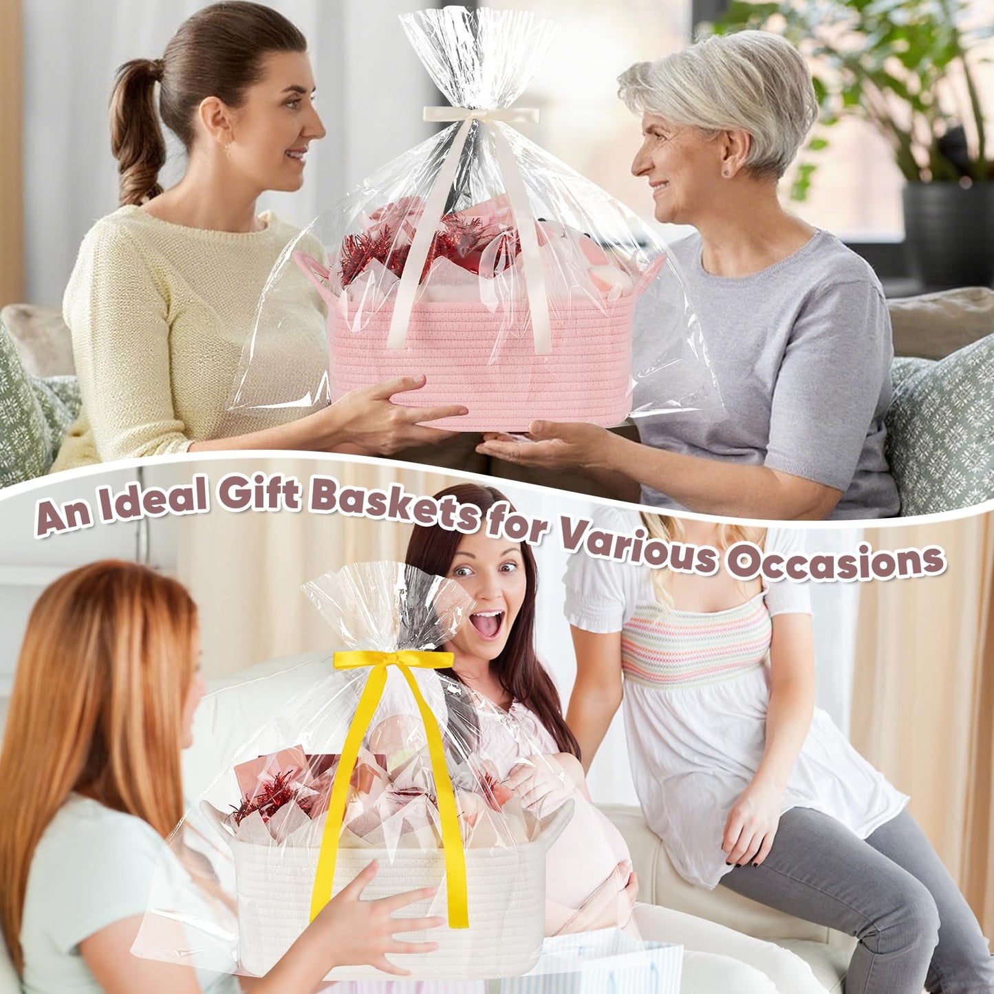 OIASKET Basket for Gifts Empty, Woven Storage Basket with Gift Bag, Ribbon and Wrap Tissue Paper, Small Rope Toy Storage with Handles for Christmas, Baby Shower, Dog Toy Organizer, 13.6" x 10" x 5.9”