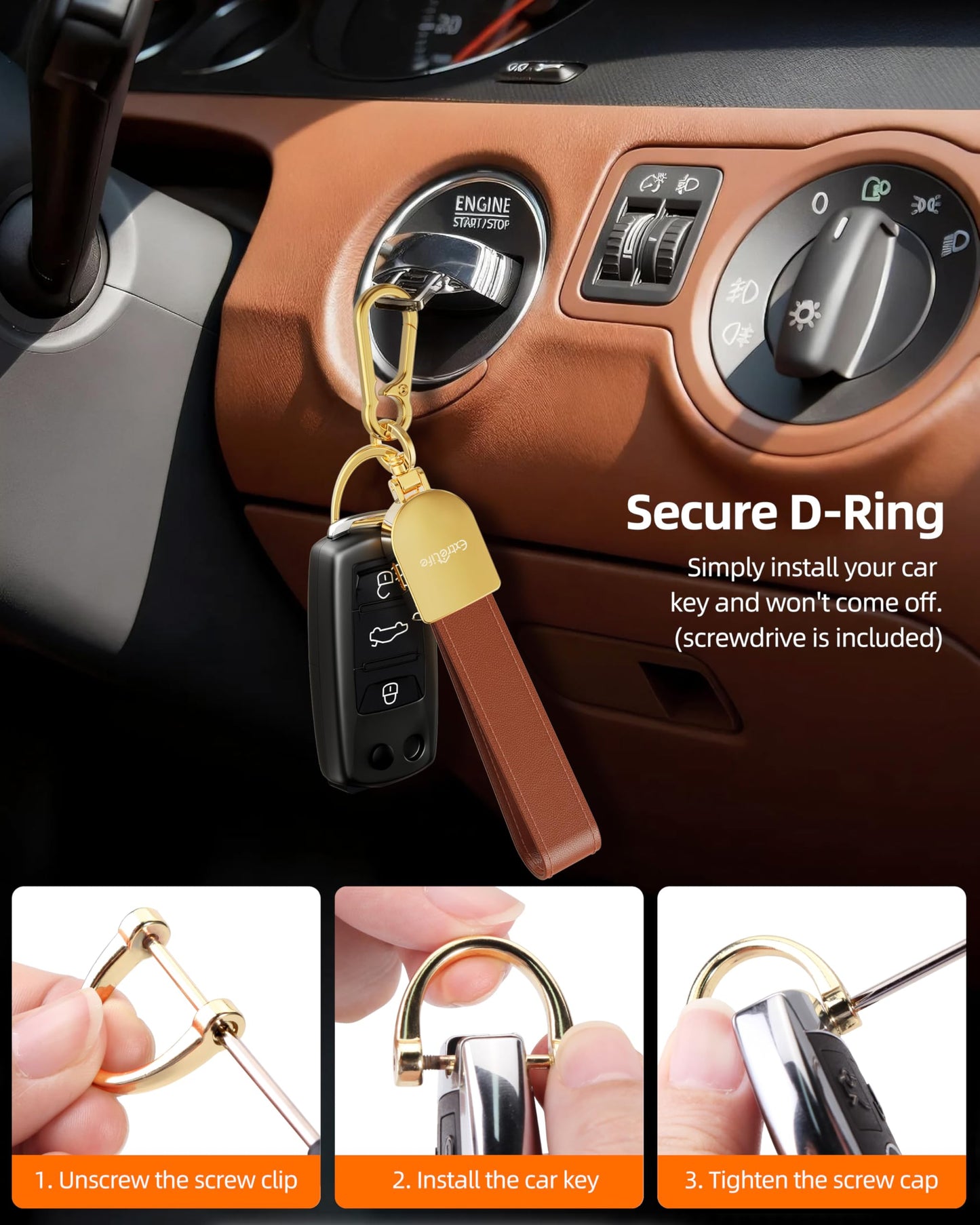 Keychain, Works with Apple Find My, Leather Car Keychain for Women and Men, Car Key Fob Holder, Key Chain with GPS Tracker, Anti-Lost Smart Keys Finder, Rechargeable, Brown