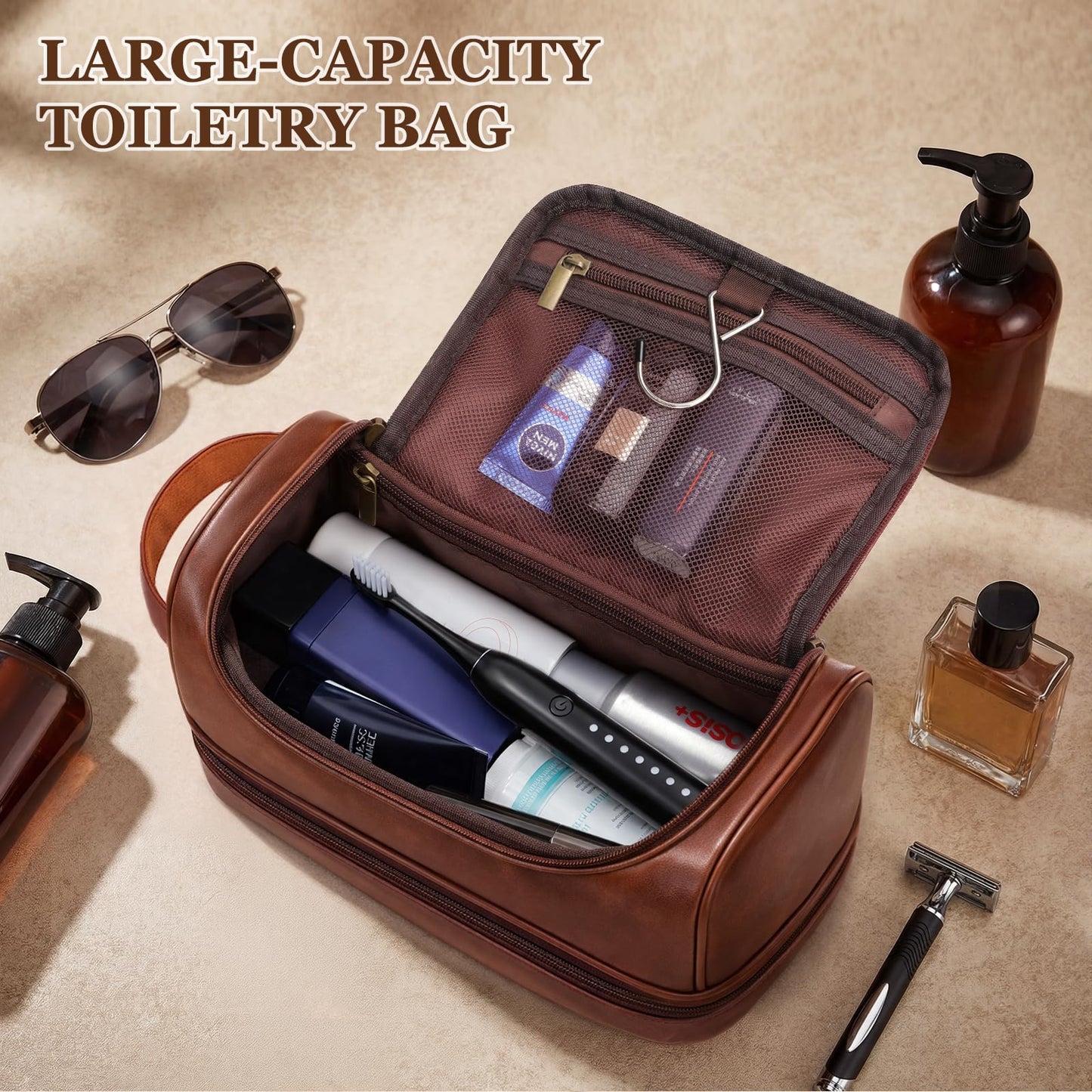 Personalized Gifts Travel Toiletry Bag for Men, Customized Laser- Engraved Mens Birthday Gift PU Leather Waterproof Bathroom Shaving Bag, Unique Anniversary Present for Husband Boyfriend Partner,D
