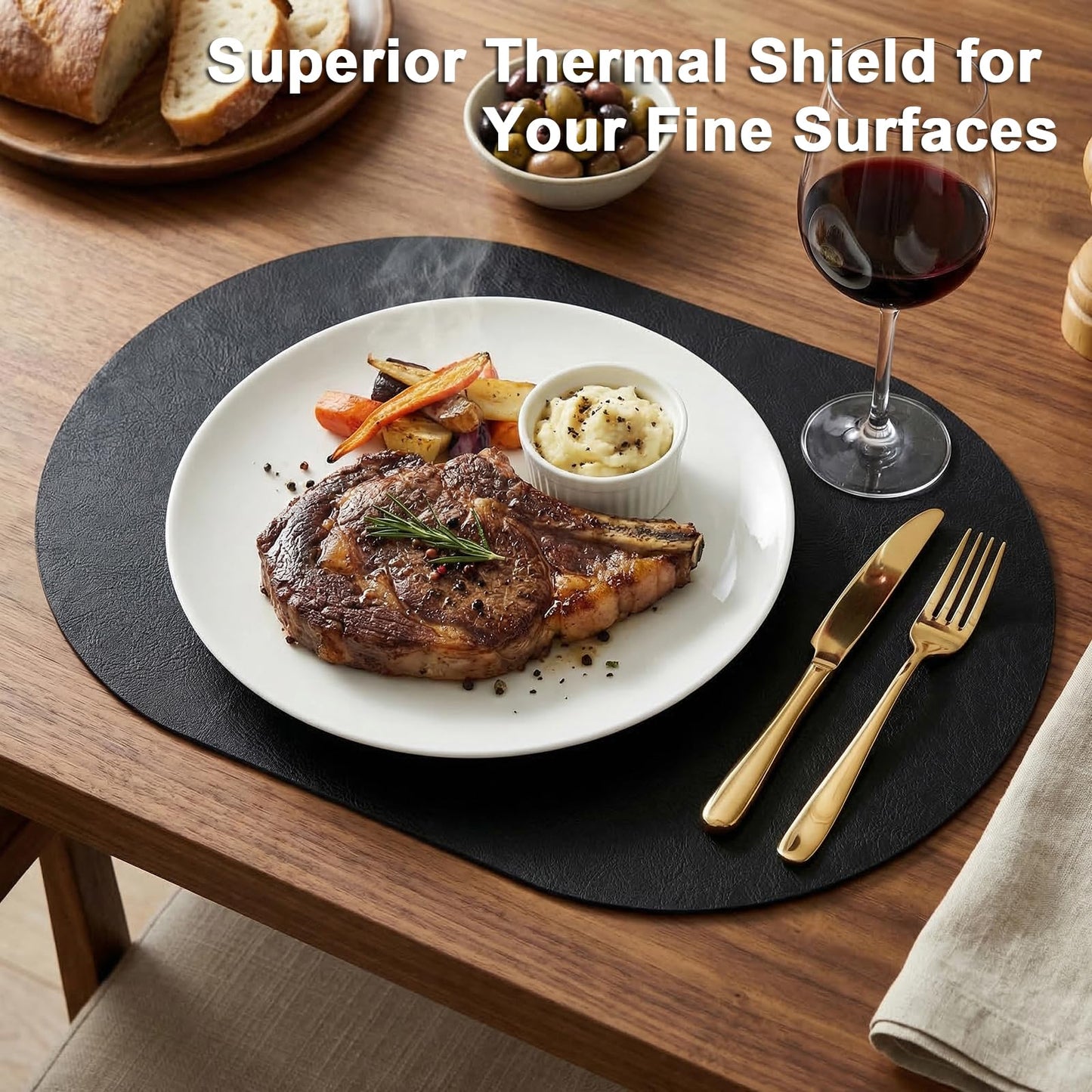 BIPASION Oval Placemats 2mm Ultra Thick Faux Leather Table Mats, Heat Resistant Waterproof Wipeable Dining Mats for Kitchen Table, Set of 8, Black
