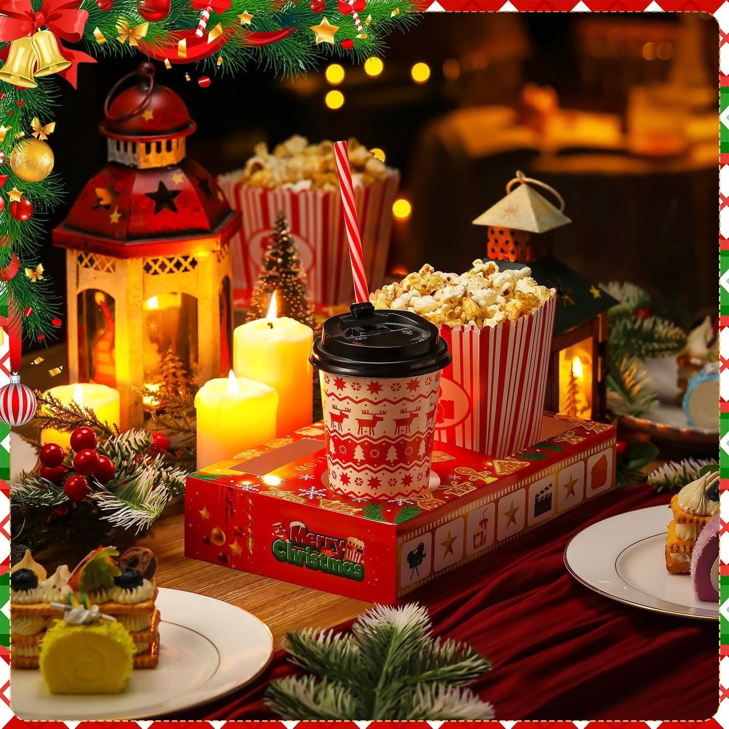 Dunzoom 20 Pcs Christmas Movie Night Supplies Movie Night Paper Snack Trays Popcorn Candy Holder Movie Theater Snack Boxes Cardboard Snack Holder Food Trays for Movie Party(Warm Christmas)