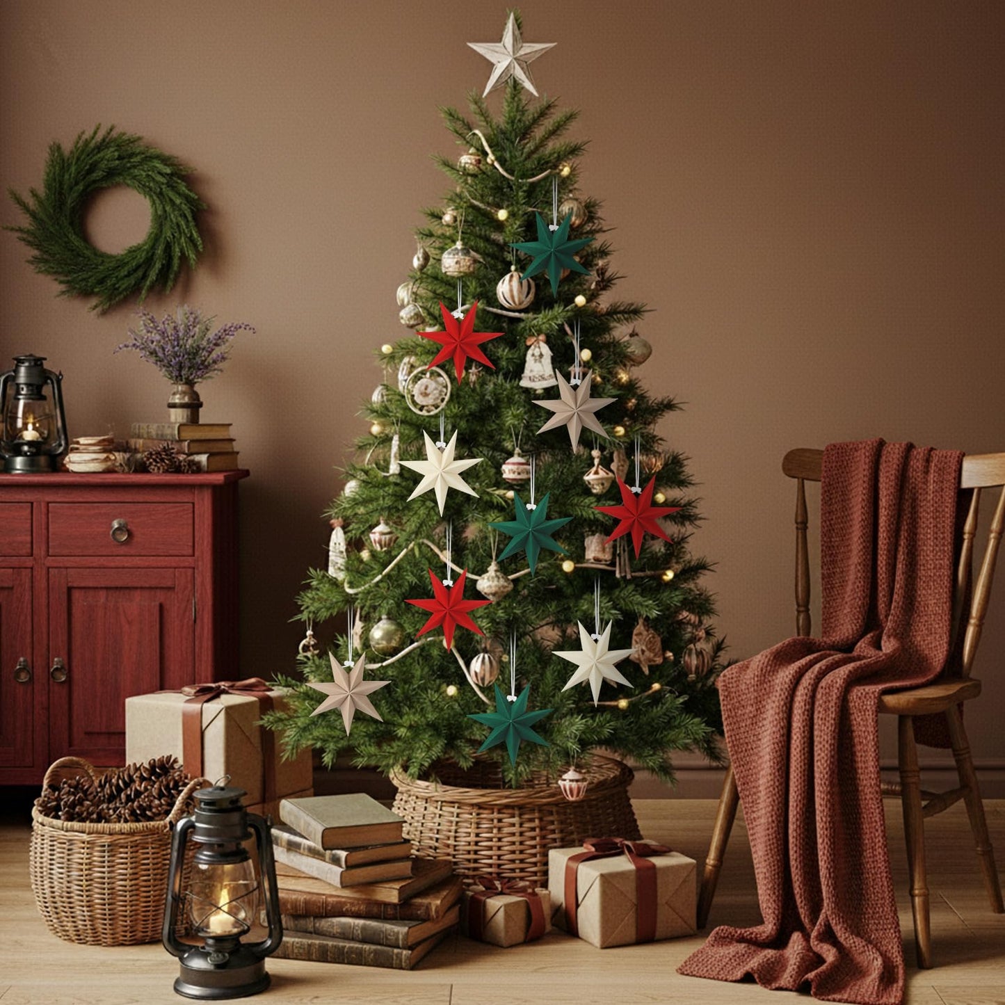 VIHOSE 12 Pcs Velvet Christmas Paper Star Ornaments 4 Inch Neutral Flocked Christmas Hanging Paper Ornament 7 Pointed Xmas Decorations for Xmas Tree Party Indoor Home Door Window