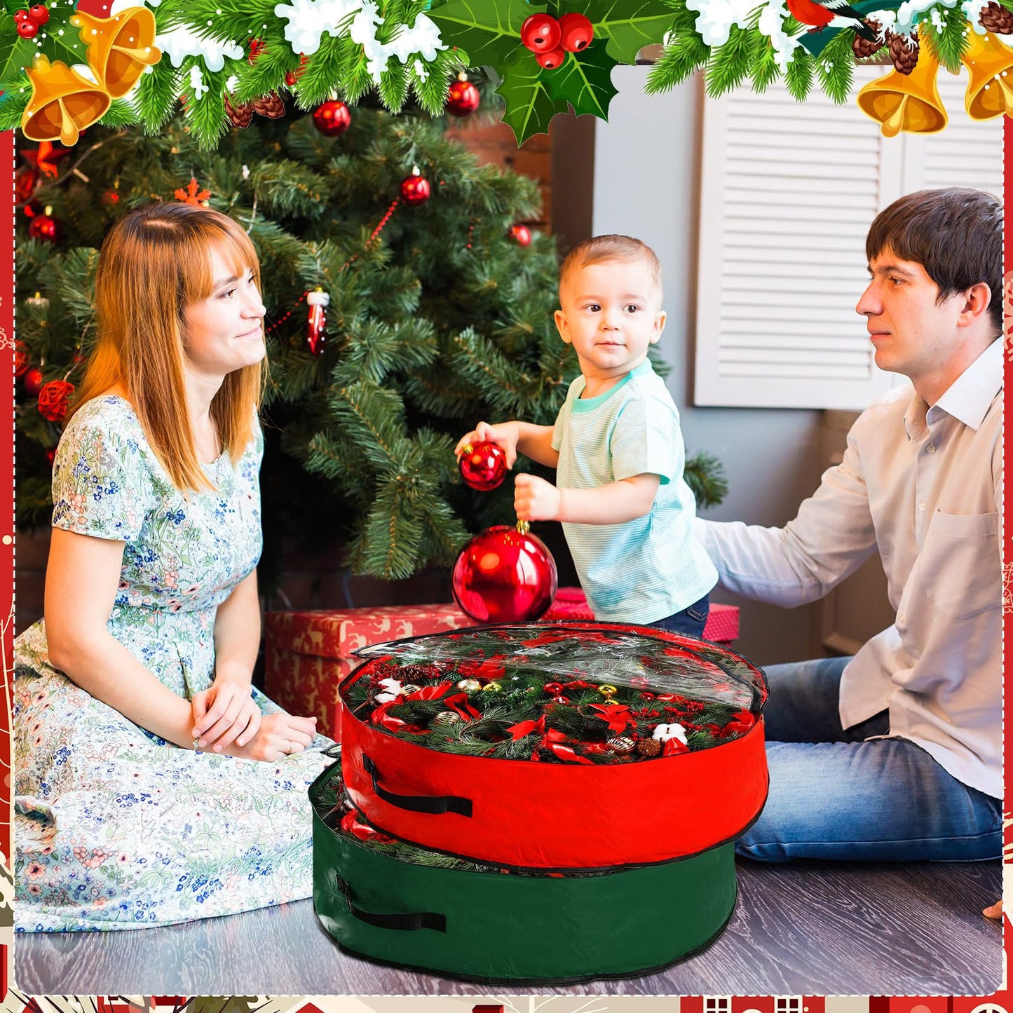 Aliceset 4 Pack Wreath Storage Containers, Ornament Garland Wreath Storage Bags with Handle Zipper Decorative Storages Box for Christmas in July Wreaths(24 x 24 x 7.8 Inch,Red, Green)
