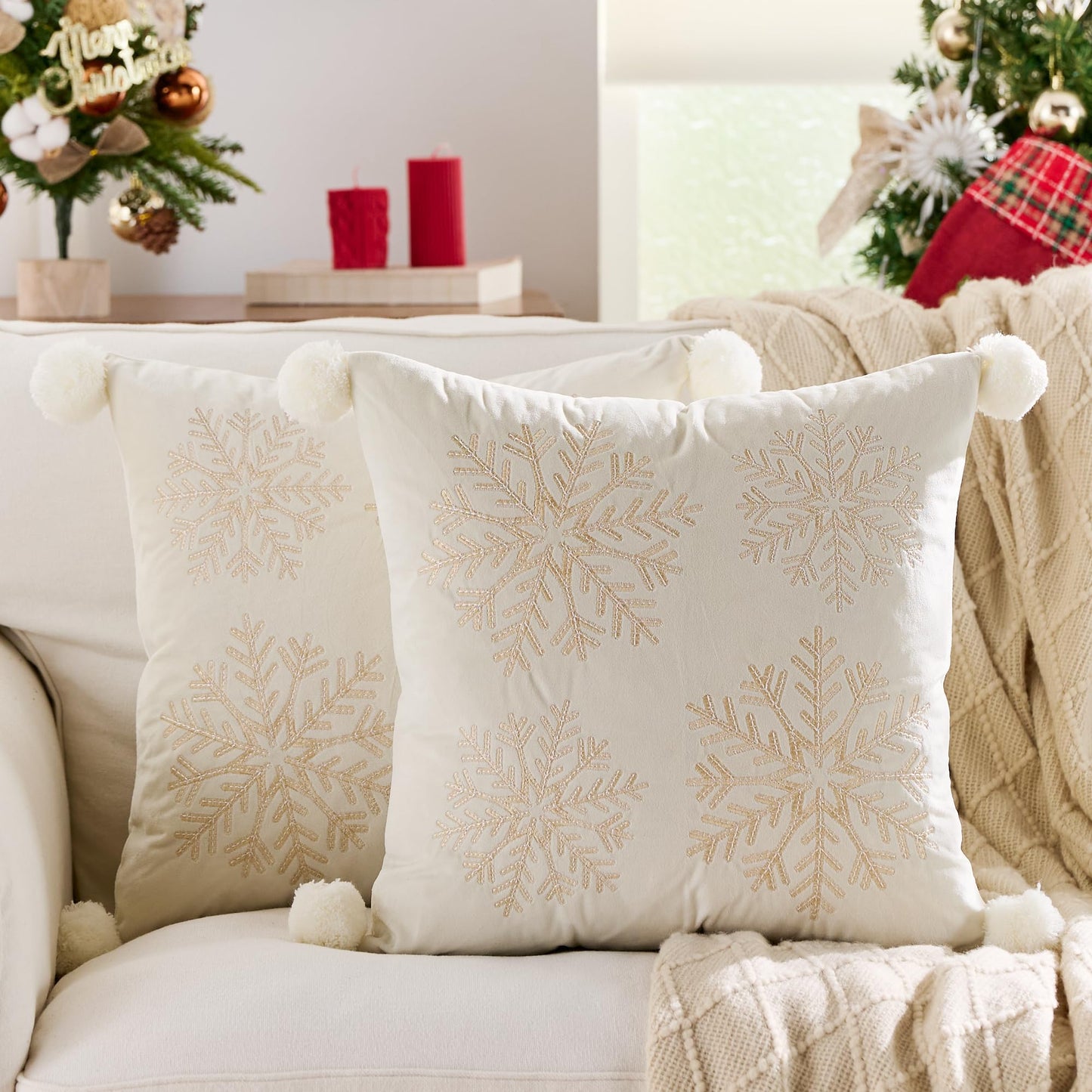KINDREX Christmas Pom poms Snowflake Throw Pillow Covers 18x18 Set of 2 Winter Holiday Decorative Embroidered Soft Velvet Accent Pillowcase for Sofa Couch Bed Living Room Festivals Home Decor,White