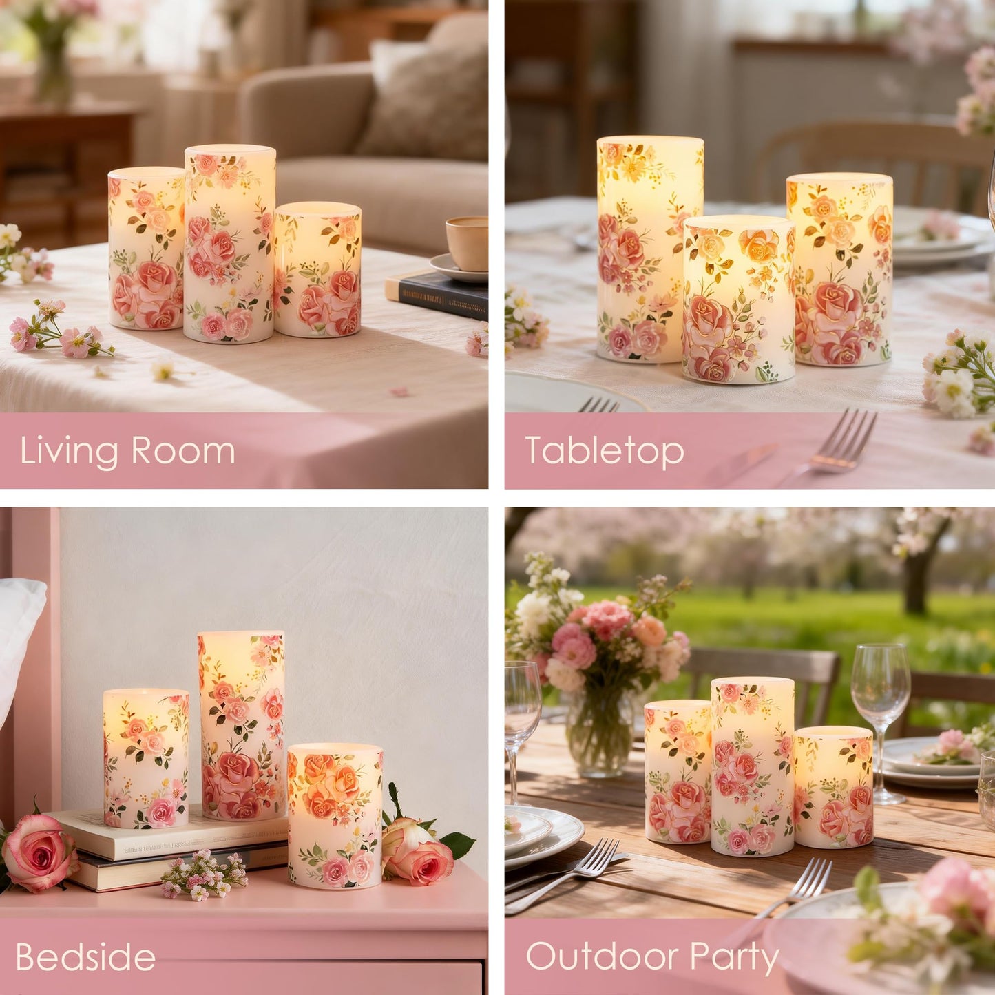 LUSHARBOR Flameless Candles with Remote, Battery Operated Candles Real Wax Pink Rose Flickering LED Candles Floral Christmas Decor Electric Pillar Candles Set of 3
