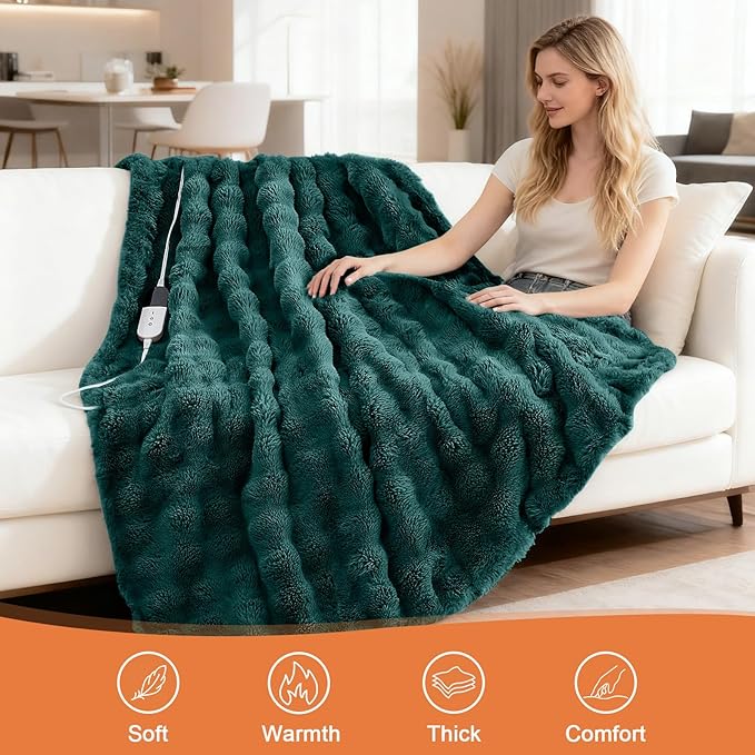 Heated Blanket Electric Throw Blanket 84''X 90''-Heating Blanket with 6 Heat Settings-10 Hours Auto Off,Cozy Faux Rabbit Fur Bubble Electric Blanket,Dark Green