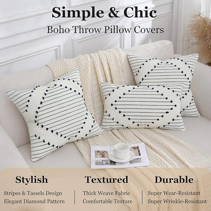 Mecatny Boho Outdoor Throw Pillow Covers 18X18 Set of 2, Farmhouse Decorative Pillow Covers for Couch Sofa Living Room, Navy & Cream White