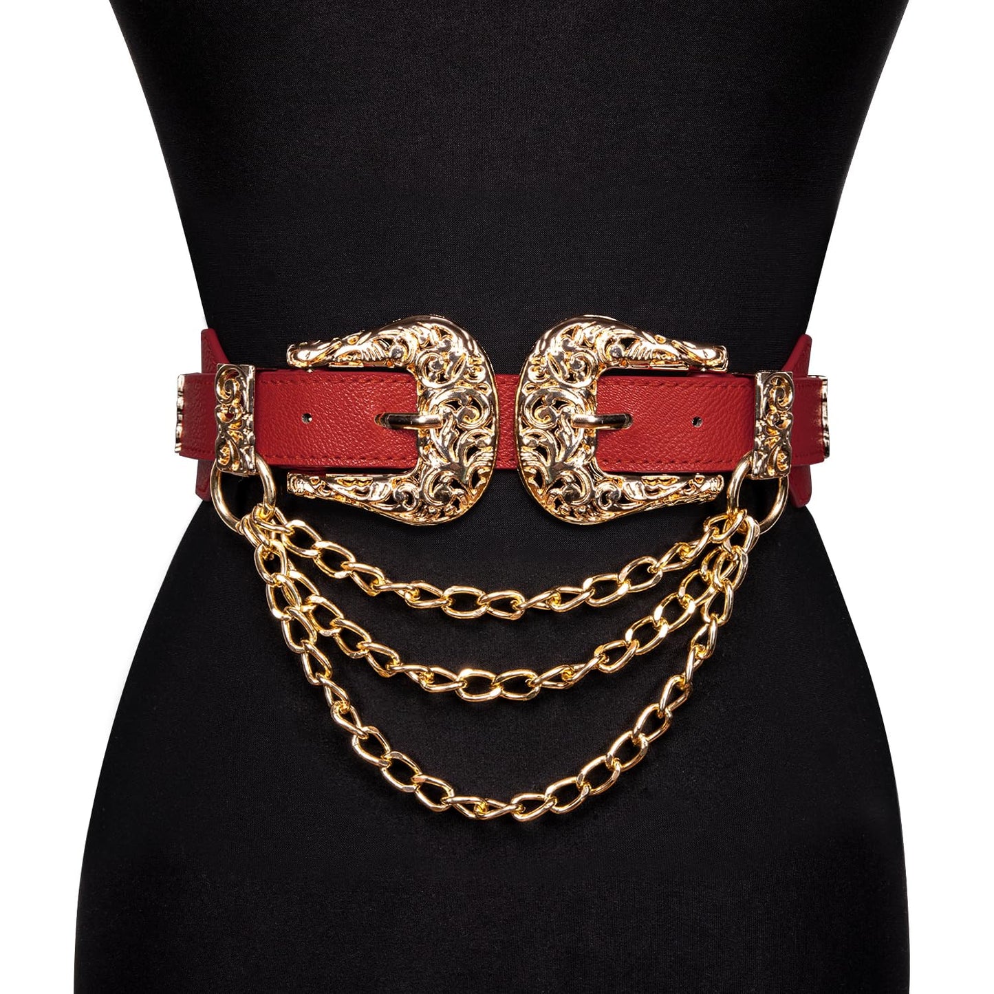 Barry.Wang Women Double Western Belt Vintage Leather Red Belt Gold Buckle Design Elastic Waist Chain Jeans Dresses Cowgirl