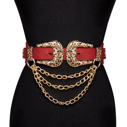 Barry.Wang Women Double Western Belt Vintage Leather Red Belt Gold Buckle Design Elastic Waist Chain Jeans Dresses Cowgirl