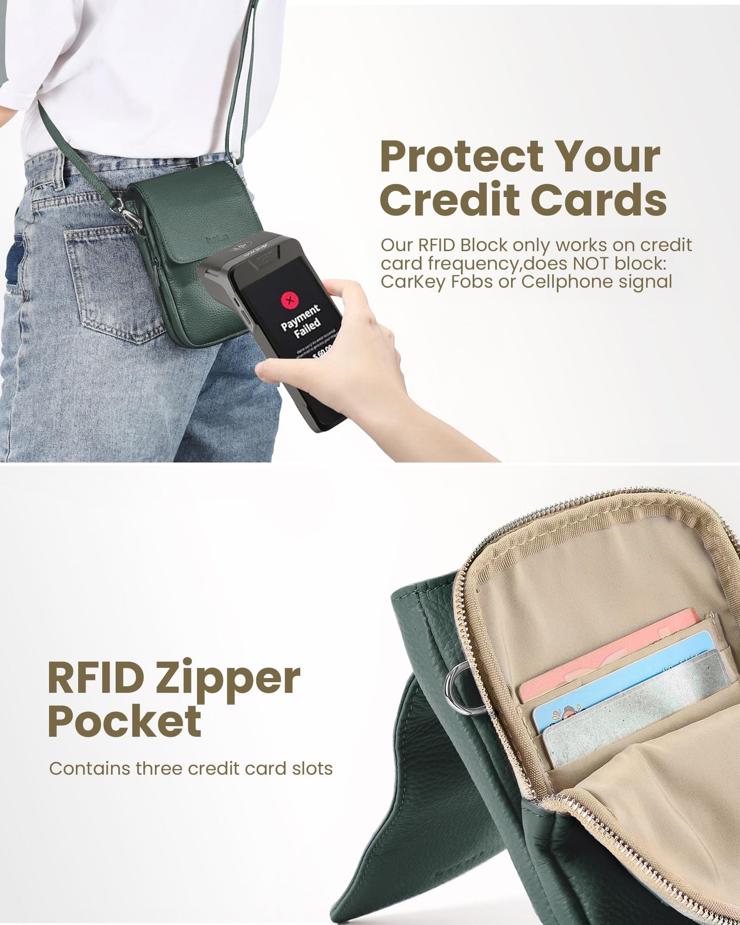 befen Soft Real Leather Small Crossbody Bags for Women, Woman Cell Phone Leather Purses Bag with RFID Blocking Card Slots Green