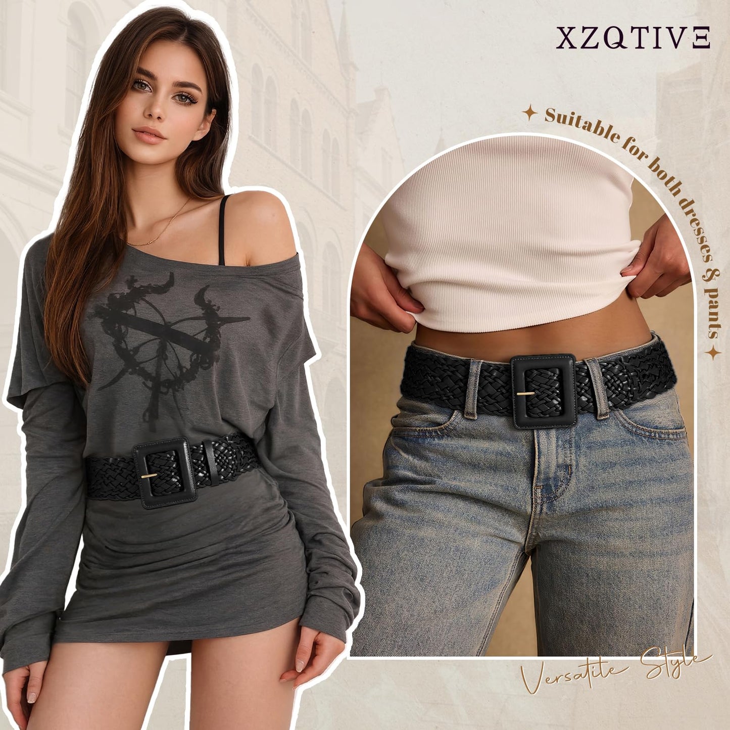 XZQTIVE Women Wide Belt for Dresses Fashion Thick Braided Leather Belts with Square Buckle, Woven Waistband for Ladies, Black(Fit Waist Size Below 31'')