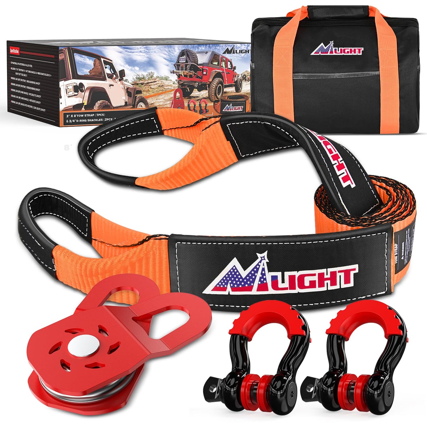 Nilight Offroad Recovery Kit 3" x 8' Tow Strap with Winch Snatch Block Pulley and 2Pcs 3/4" Anti-Theft D-Ring Shackles Storage Bag Heavy Duty Tow Rope for Car Truck SUV ATV (MBS 31500LBS)