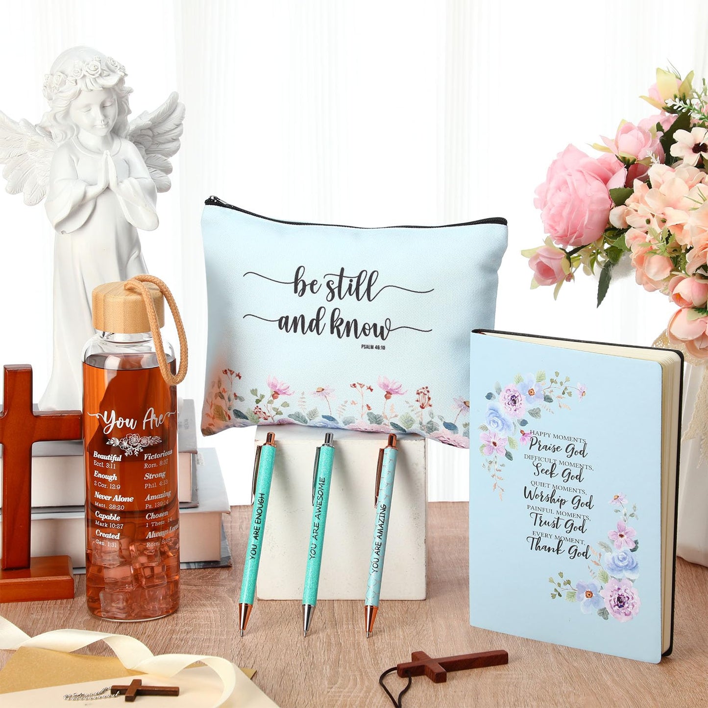 Resholder 6 Pcs Christian Gifts Set for Women Glass Bottle, Makeup Bag, Ballpoint Pens, Religious Scripture Notebook Inspirational Gifts for Sunday School Church(Blue)
