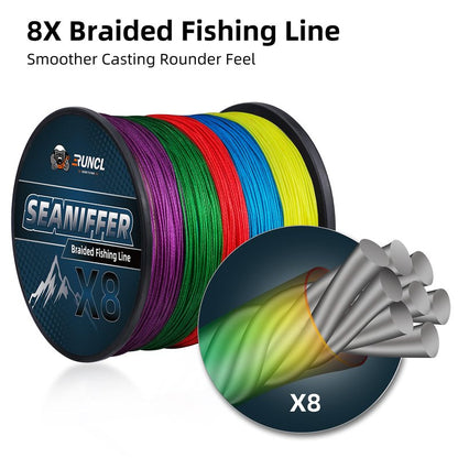 RUNCL Braided Fishing Line X8, Pro Grade Tournament PE Line for Fresh/Saltwater, Abrasion Resistant, No Stretch, Hi Vis Multi-Color Measure Line, 328/546/1093 Yards, 8-200 lb, Christmas Fishing Gifts