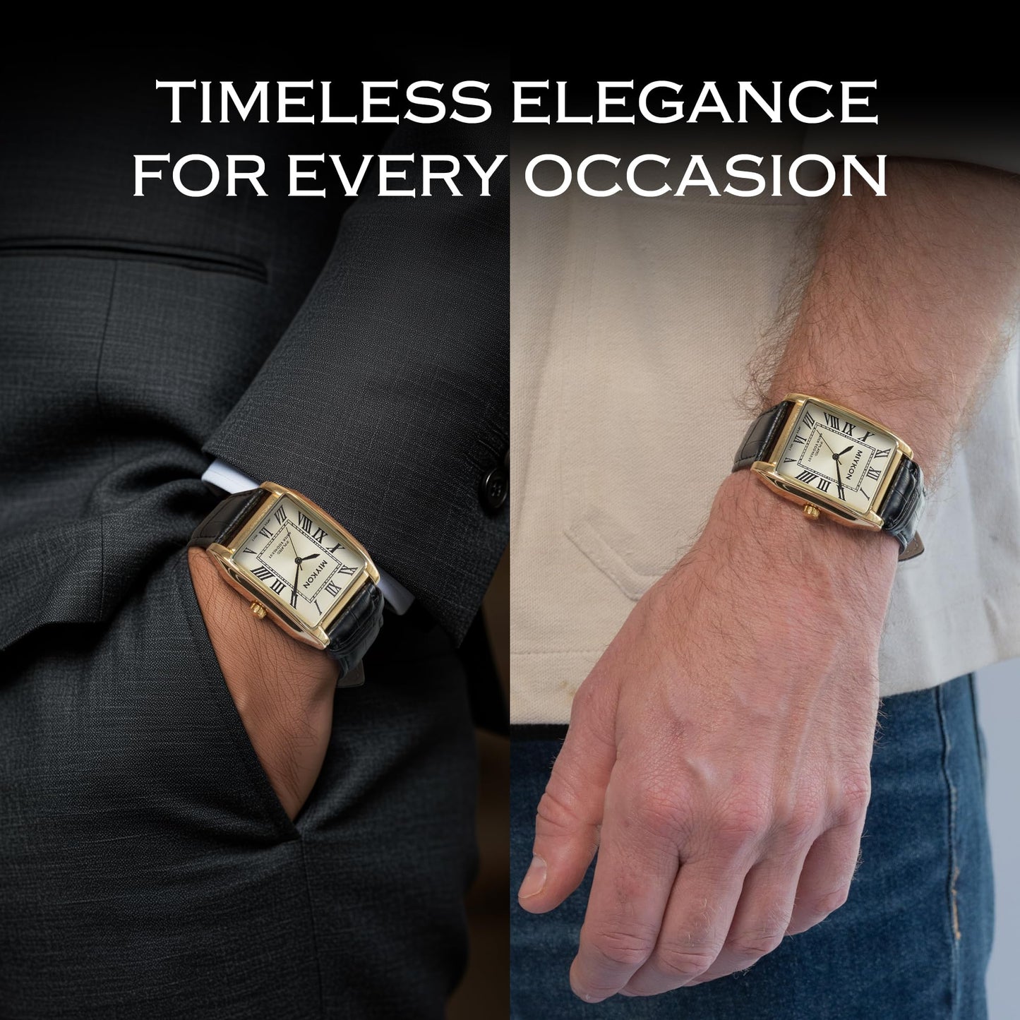 Miykon Vintage Watches for Men - Tank Square Gold Analog Watch with Brown Genuine Leather Wrist Strap for Classic Dress - Japanese Quartz, Waterproof to 100ft