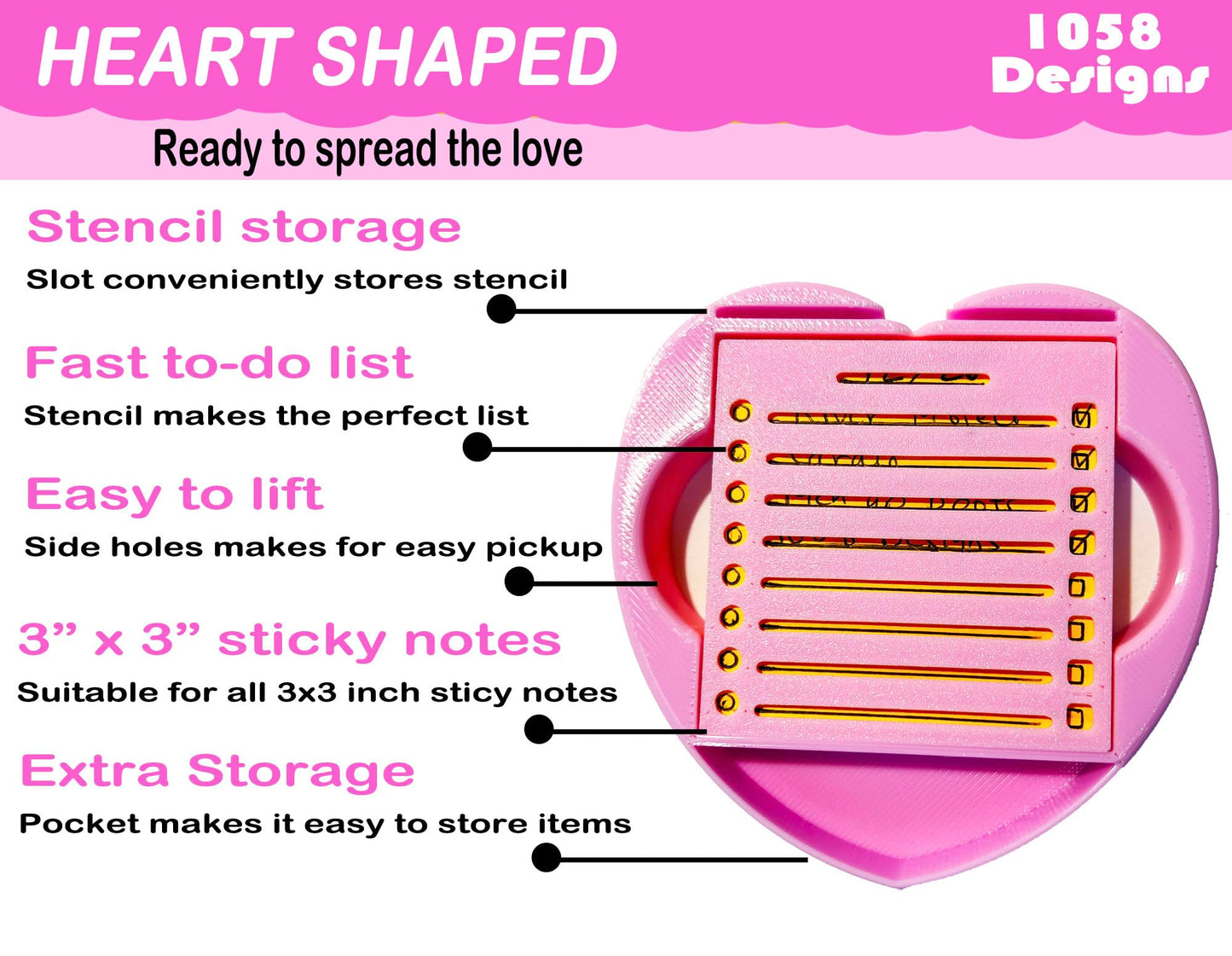Heart Sticky Note Holder with Stencil Pink, Sticky Note Dispenser Compatible with Post-It Note, Post Note Organizer 3x3 Self Stick Note Pads Office Desk Accessories Gift Idea School Office Supplies