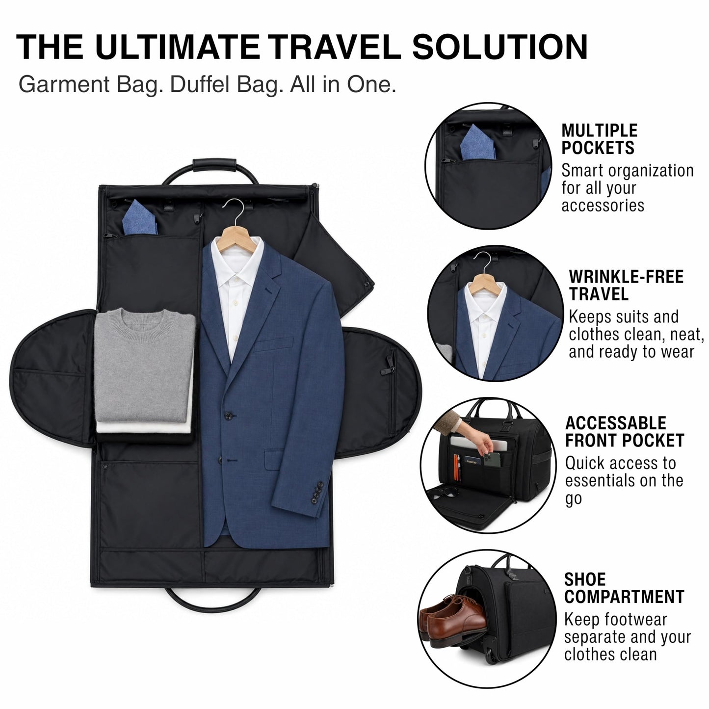 Cozy Cruiser Rolling Garment Bag with Wheels, Carry On Garment Duffle Bag for Travel, Convertible Wheeled Suit Bag for Men, Wrinkle-Free Business Travel Luggage with Shoe Pocket & Retractable Handle
