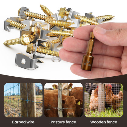 Dabolang 200 PCS Wire Fence Staples with Wire Fixer, Fence Fasteners for Wire Fencing, Fence Post Screws for Softwoods, Reuse/Easy Remove Fence Nails for Mesh and Woven Fencing Repair