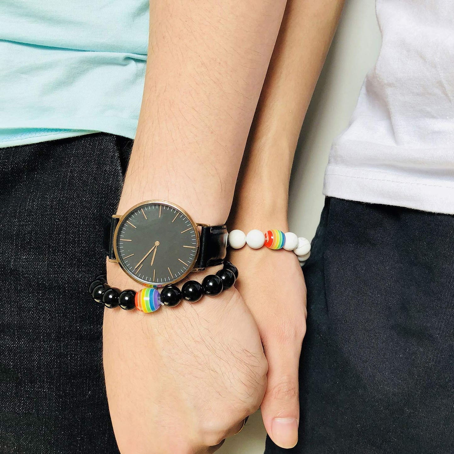 Nanafast LGBT Gay Rainbow Relationship Beaded Bracelet Couple Matching Pride Bead Bracelets Bangle 2 Pack (White/Black)