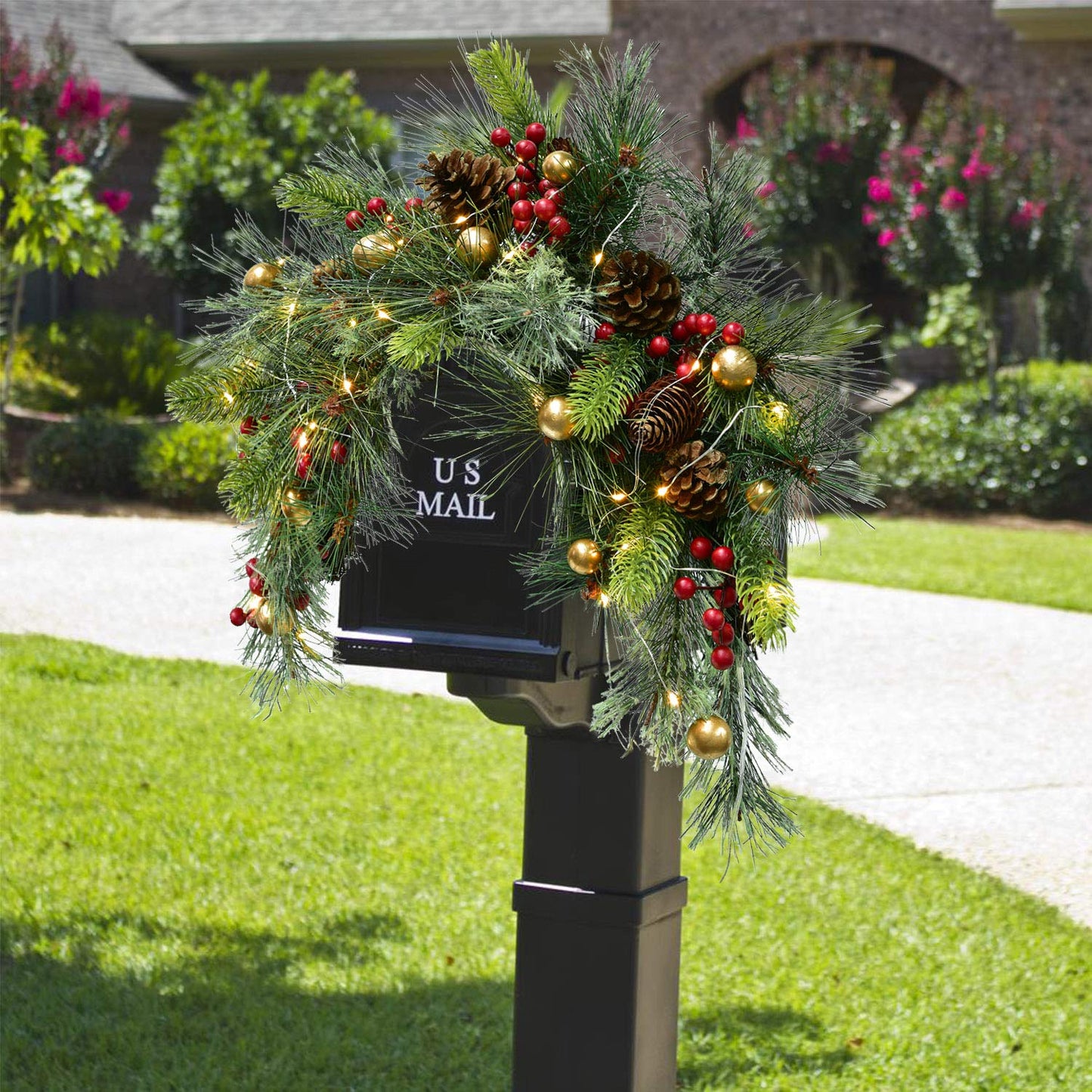 DearHouse 24inch Artificial Christmas Swag, Xmas Mail Box Swag with Wintry Pine Collection and LED Lights for Christmas Holiday Home Decor