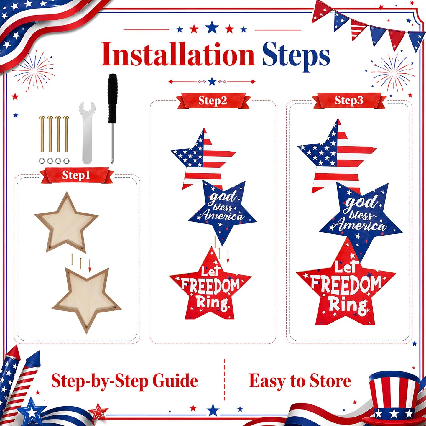LawnIdyll 4th of July Large Wooden Star Porch Sign, Independence Day Standing Decoration God Bless America Star Shape Sign for Patriotic 250 Anniversary Red White Blue Outdoor Indoor Yard Front Door