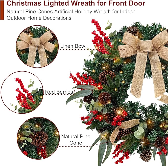 Christmas Lighted Wreath for Front Door, 28 Inches Pre-Lit 35 LED Lights, Natural Pine Cones Artificial Holiday Wreath for Indoor Outdoor Home Decorations