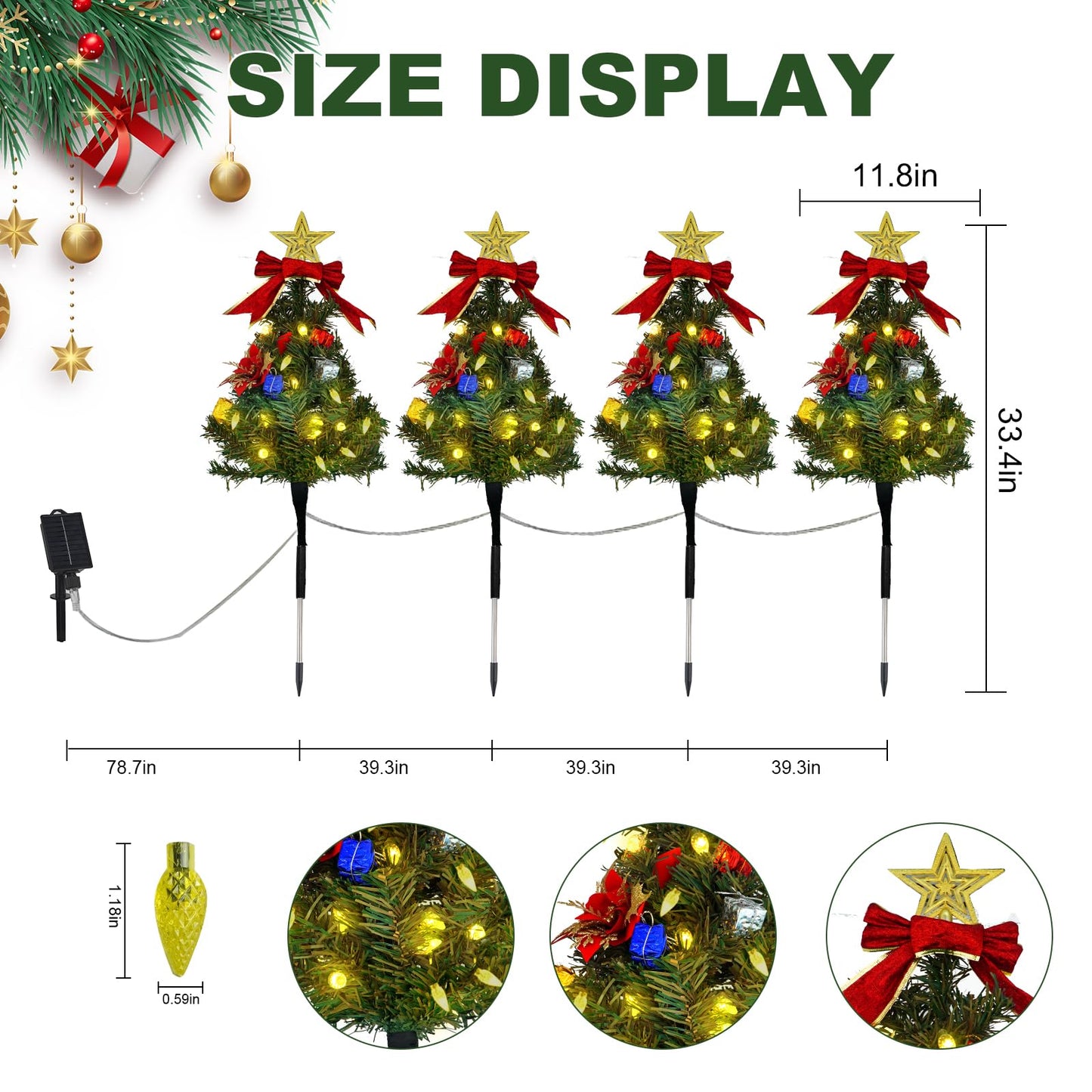 Tngan Solar Christmas Tree Pathway Lights Outdoor, Set of 4 Solar Christmas Tree Stake Lights, 80 Outdoor LEDs Xmas Decor, Christmas Decor DIY Xmas Tree Gift (Warm White)