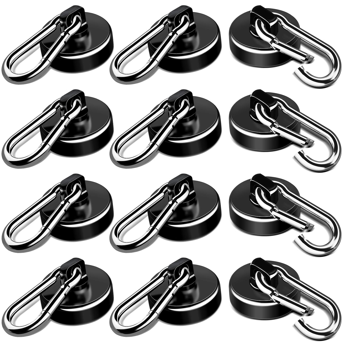 LOVIMAG Strong Magnetic Hooks, 12 Pack Magnetic Hooks Heavy Duty 70LBS Strong Neodymium Magnets with Carabiner Hook, Magnet Hooks with Swivel for Kitchen, Hanging, Cruise, Grill, Refrigerator - Black