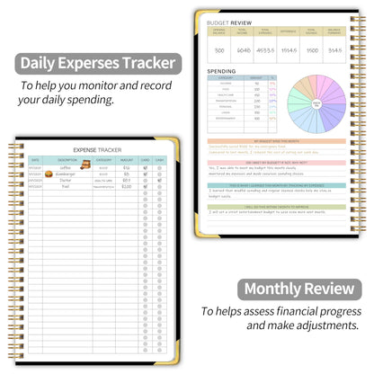 Budget Planner - Monthly Budget Book B5, Undated 12 Month Expense Tracker Notebook with Metal Corner Protectors & Bill Organizer, Hard Cover Financial Account Book for Women Men Home Business, Black