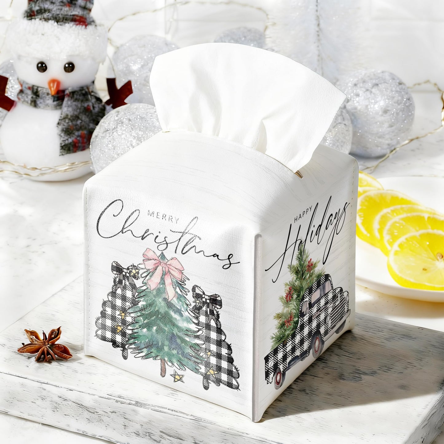 Christmas Box Cover Square, Buffalo Plaid Truck Trees Decorative Tissue Box Holder, Waterproof Leather Tissues Boxes Dispenser for Bathroom, Bedroom Nightstand, Office, Car Home Decor