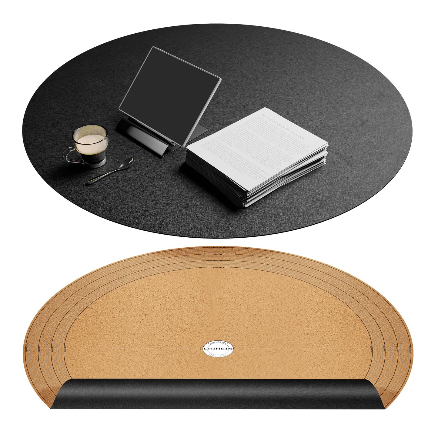 Chihein 30"/762mm/2.5ft Round Placemat with Cork & PU Leather - Can be Cut into Half Circle Dining Table Mat or The Round Table Cover with A Diameter of 24" - 30" (Black)