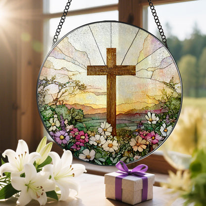 8 Inch Stained Glass Cross and Wildflowers Suncatcher Christian Stained Glass Windows Hanging Flower Cross Gift for Religious Easter Faith Christian Gifts Religious Home Decor