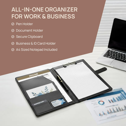 Professional Padfolio with Notepad Included | Faux Leather Portfolio Folder with Clipboard, Resume Folder, Legal Pad Holder, Business Card Holder | A4 Letter Size | Black