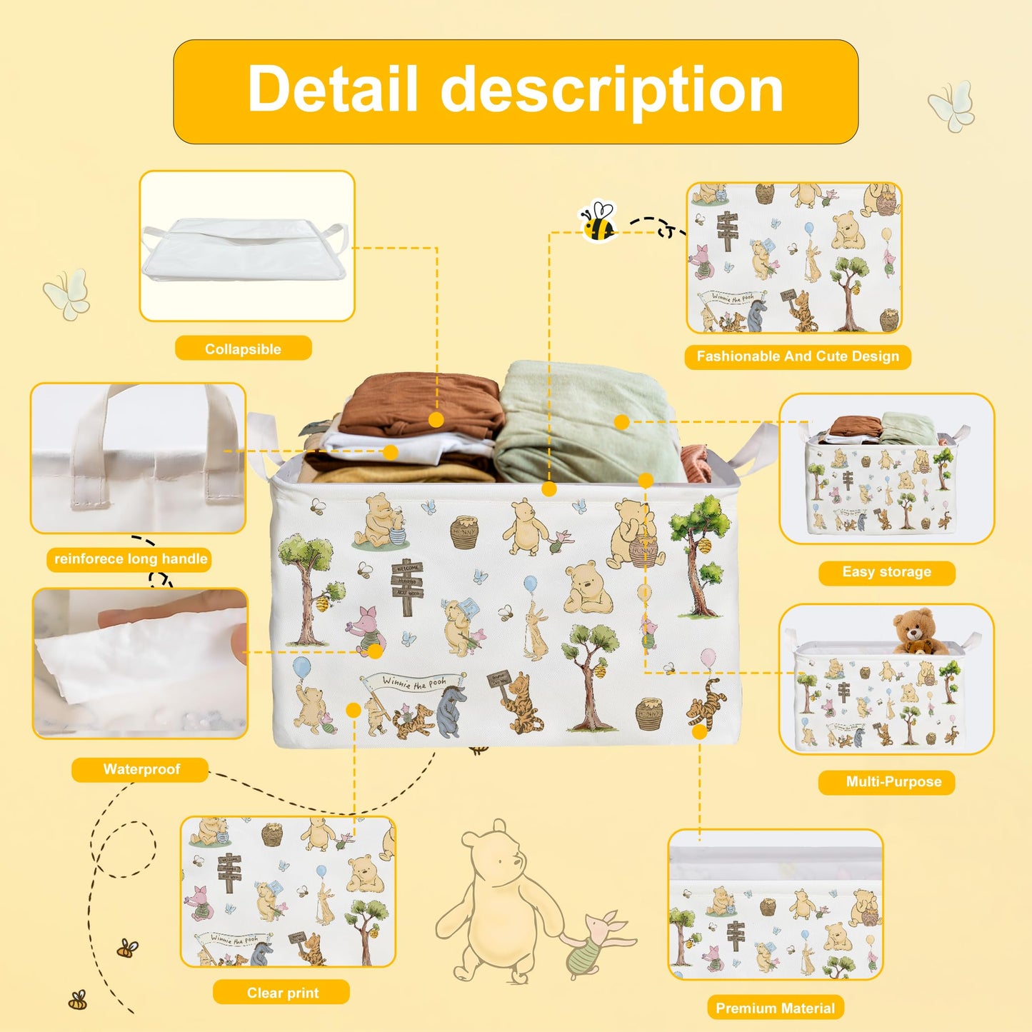 ZsaTuiy Winnie Storage Nursery Basket,Large squarecanvas Laundry Hamper WithWinnie baby Stuff A Waterproof PECoating, Foldable, Bathroom and Bedroom SetClothes ,Toys Bin, Baby Nursery HamperDecor