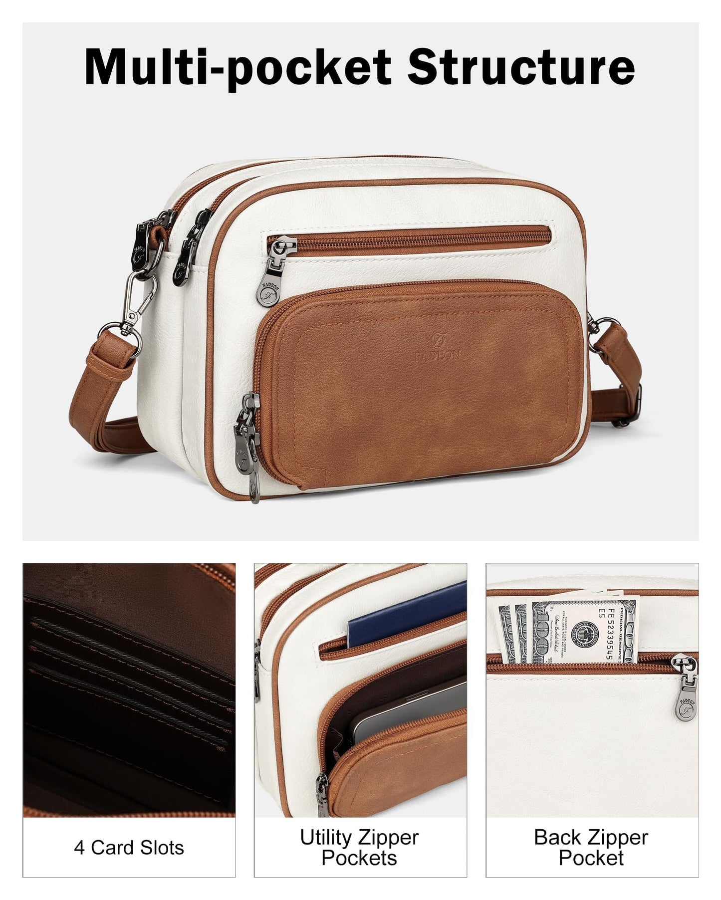 FADEON Crossbody Bags for Women Multi-pocket Leather Crossbody Purses, Designer Shoulder Bag Adjustable Removable Strap
