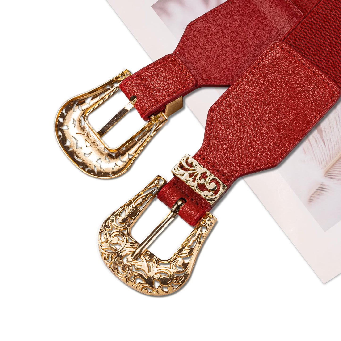 Barry.Wang Women Double Western Belt Vintage Leather Red Belt Gold Buckle Design Elastic Waist Chain Jeans Dresses Cowgirl