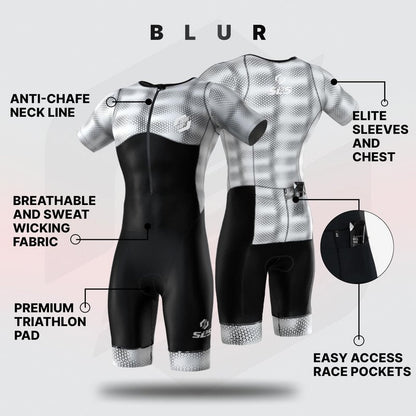 SLS3 Triathlon Suits Mens - Aerodynamic Sleeved Tri Suit Men – Lightweight Trisuit with Premium FX Fabrics - 2 Pockets (Blur, Medium)