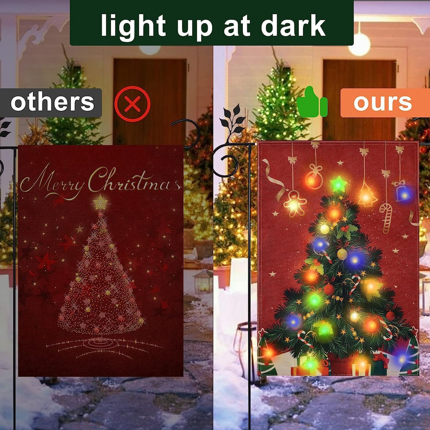 FLAGMESAGE Lighted Christmas Garden Flag for Outside, Solar LED Xmas Tree Flag Decoration, 12x18 Double Sided Outdoor Yard Lawn Decor