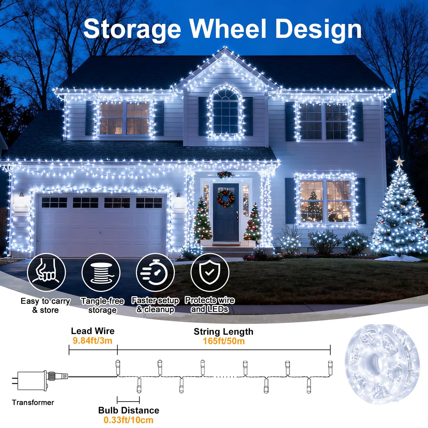 MYGOTO LED String Lights, 165FT 500LED 30V Plug in Waterproof String Lights with 8 Modes for Indoor and Outdoor Party Wedding Home Patio Lawn Garden Supplies (Cool White)