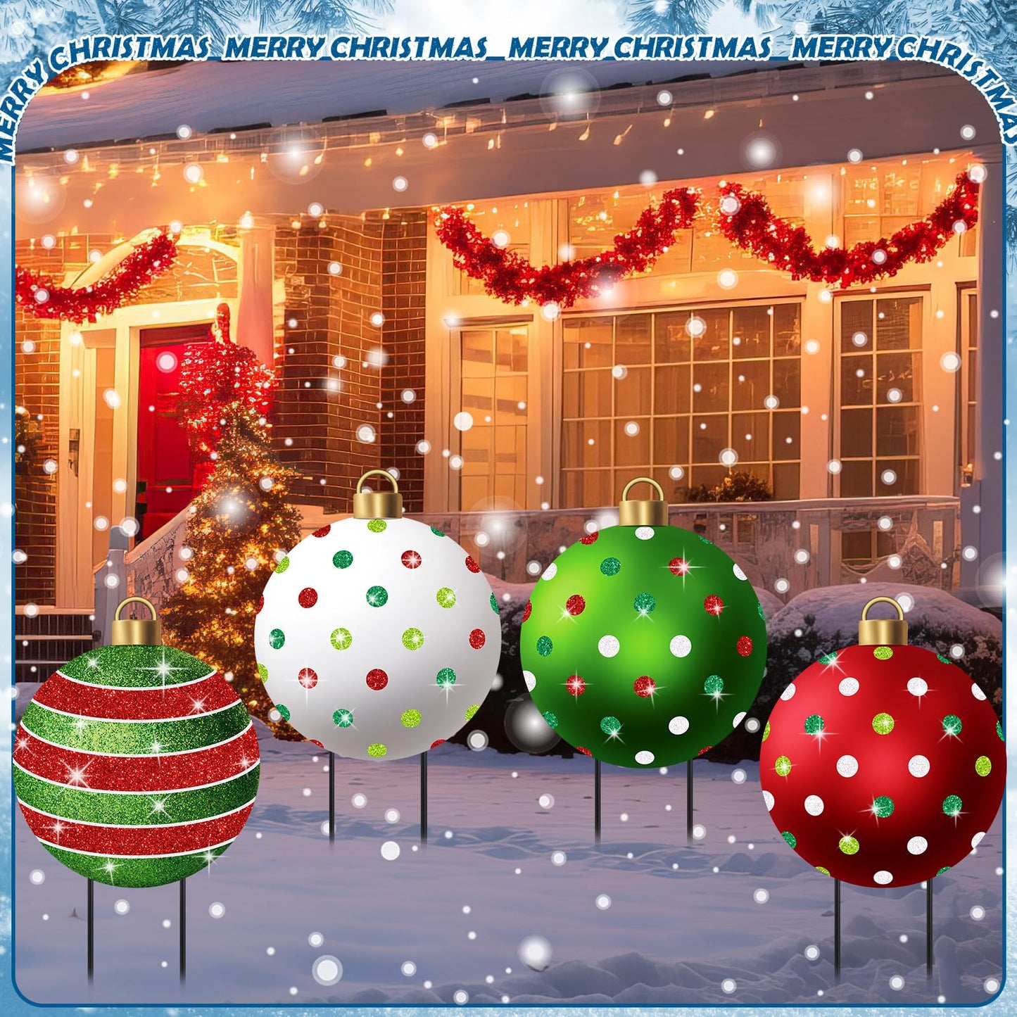 Nuanchu 4 Pcs Metal Christmas Balls Yard Signs Glitter Xmas Yard Sign Stake 21.3 Inches Xmas Waterproof Lawn Signs Christmas Outdoor Decorations for Outside Garden Patio Holiday Home Party Decor