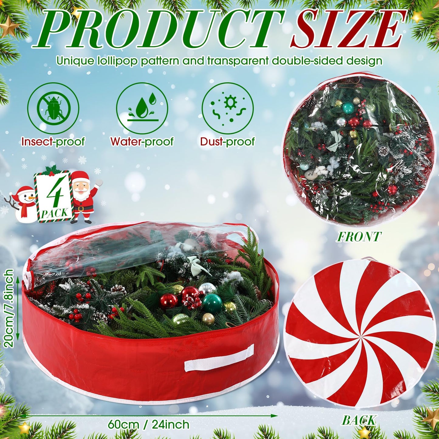 Yoojahow 4 Pcs 24 Inch Christmas Wreath Storage Bag Candy Cane Wreath Storage Container Clear Window Dual Zipper Handle Red White Peppermint Garland Organizer for Holiday Decoration, Cute Lollipop