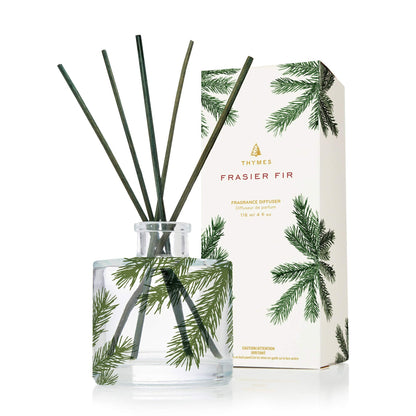 Thymes Frasier Fir Reed Diffuser Set – Includes Reeds, Fragrance Oil, and Frosted Glass Bottle – Fragrance Oil Diffuser – Room Fresheners – Luxury Home Decor – Green & Clear (Pine Needle, 4 fl oz)