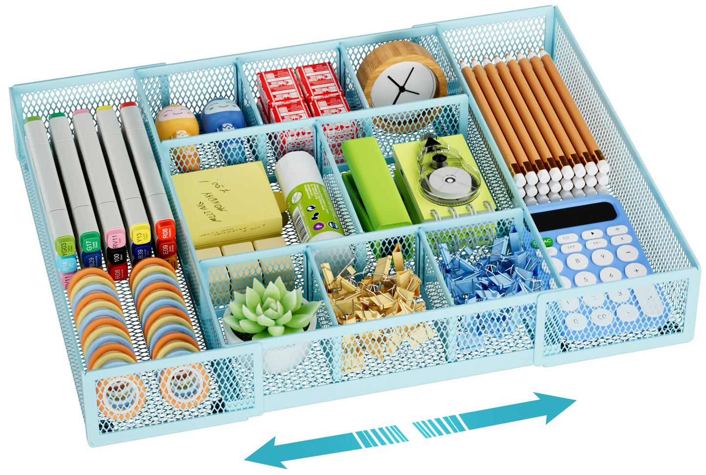 Marbrasse Expandable Desk Drawer Organizer, Mesh Drawer Organizer Tray with 10 Adjustable Compartments, Desk Organizers and Accessories for Office Supplies, Makeup & Vanity (Expandable-Blue)