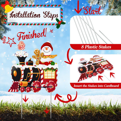 Marsui 4 Pieces Christmas Train Decorations Outdoor Yard Lawn Signs Christmas Tree Gingerbread Santa Snowman Reindeer Train with 8 Stakes for Xmas Holiday Outside Garden Lawn Yard Decor