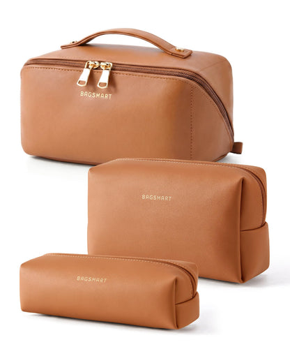 BAGSMART Makeup Bag Travel 3 Pcs Set Cosmetic Bag, Large Make Up Bag Flat Open Toiletry Bag for Women, PU Leather Travel Essentials Organizer Case, Wide-open Pouch for Skincare, Brushes,Classic Brown