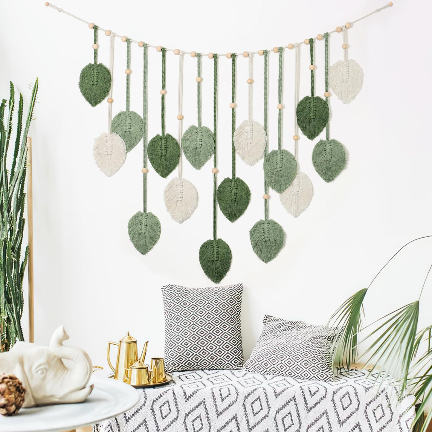 Betylifoy Macrame Wall Hanging Large Macrame Leaves Tapestry Wall Hanging Decoration Boho Handmade Woven Leaf Feather Wall Art Decor for Nursery Bedroom Living Room Office Christmas Thanksgiving Decor, 29 X 51 Inch (Green)