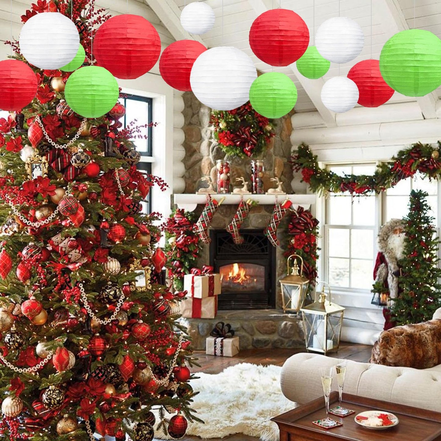 20Pcs Green Red White Paper Lanterns for Parties, 6” 8” 10” 12” Chinese Asian Hanging Round Paper Lanterns for Birthday Wedding Halloween Christmas Home Decor Party Decor