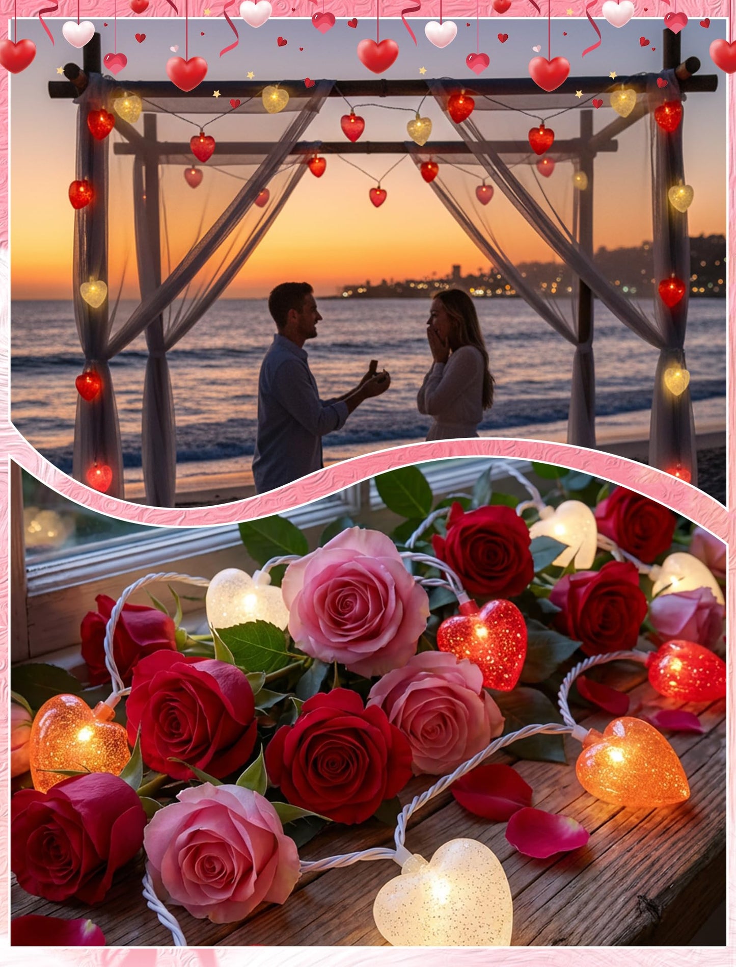 8.5ft Valentine’s Day Heart String Lights Plug in, Valentines Lights with 10 LED Red Pink White Shatterproof Bulbs, Fairy Lights for Indoor Outdoor Home Decor Wedding Party Birthday, Warm White