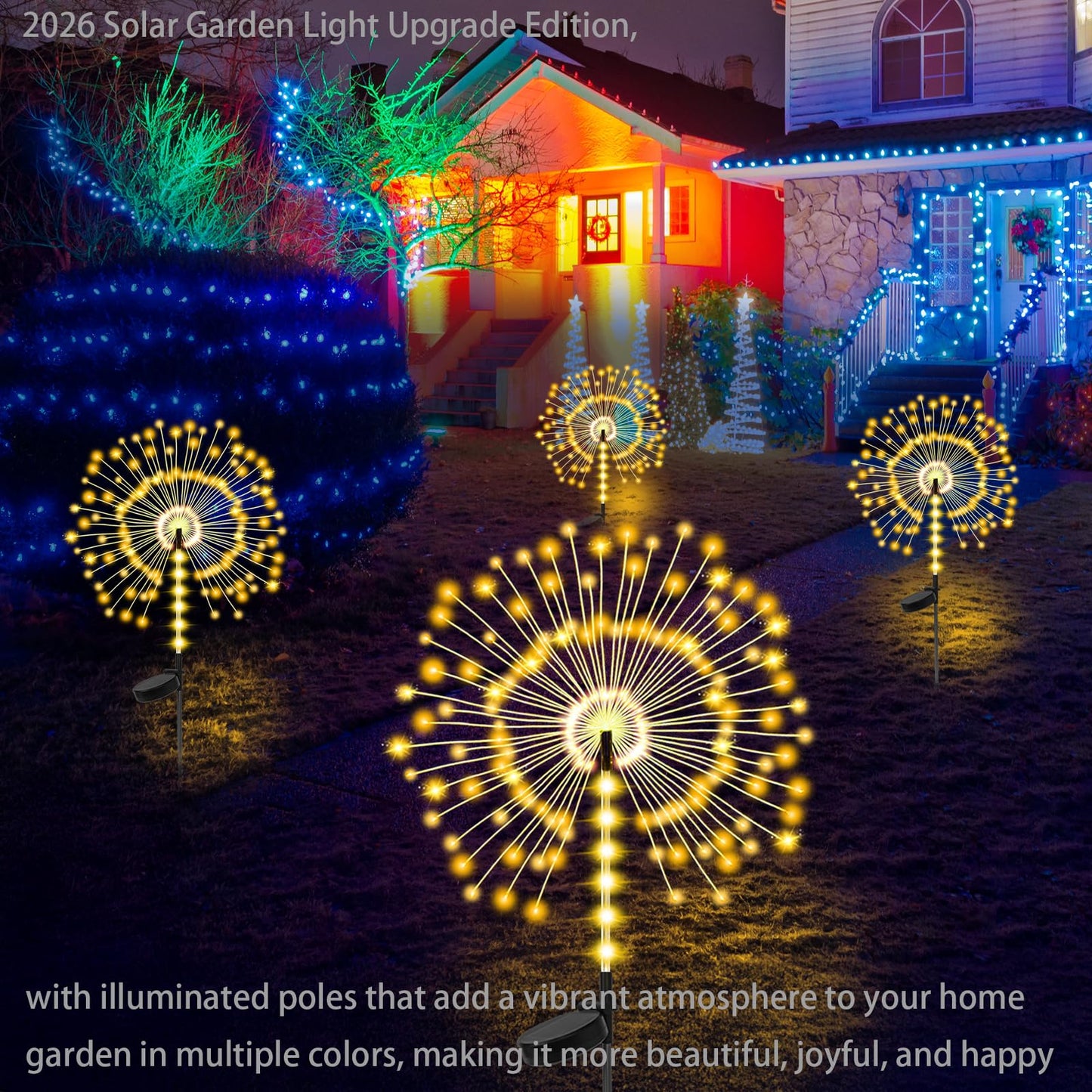 2 Pack 250LED Solar Garden Lights Outdoor, Dual Lighting Modes Firework Lights Solar Powered, Waterproof Twinkle Fairy Light Outside for Yard Patio Pathway Christmas Party Decorative（Warm White）